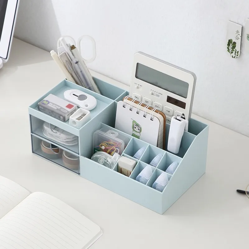 ABS Desktop Organizer Pen Holder Brush Pot Cosmetic Storage Box Drawer Multi Function Pencil Container for Office Home Study