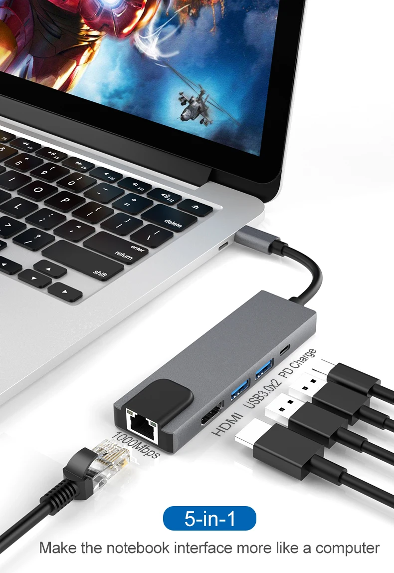 Usb tipo c hub hdmi 4k usb c hub para gigabit ethernet rj45 lan usb 3.0 adaptador para macbook ar pro thunderbolt 3 USB-C carreg