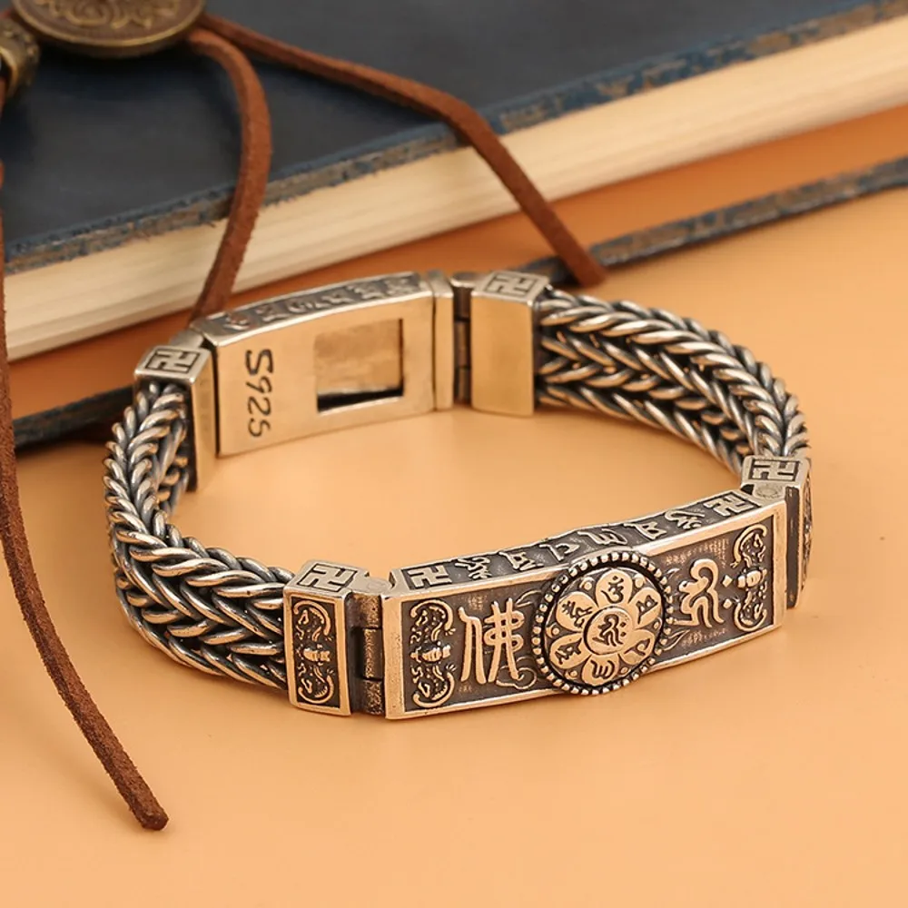 

BOCAI New real solid S925 pure silver jewelry Buddhism Seven Star Turntable six-character mantra hand-woven man bracelet