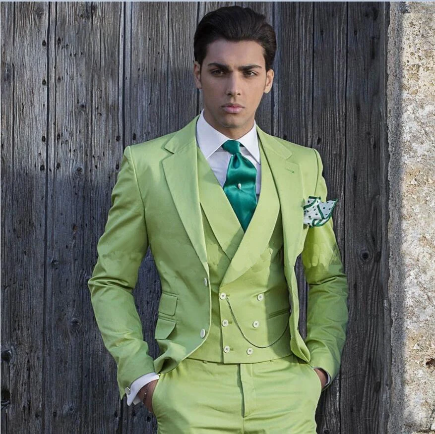 Trajes verdes para hombre, abrigo de tres piezas, pantalones hechos a medida, traje de solapa con visera, traje colorido