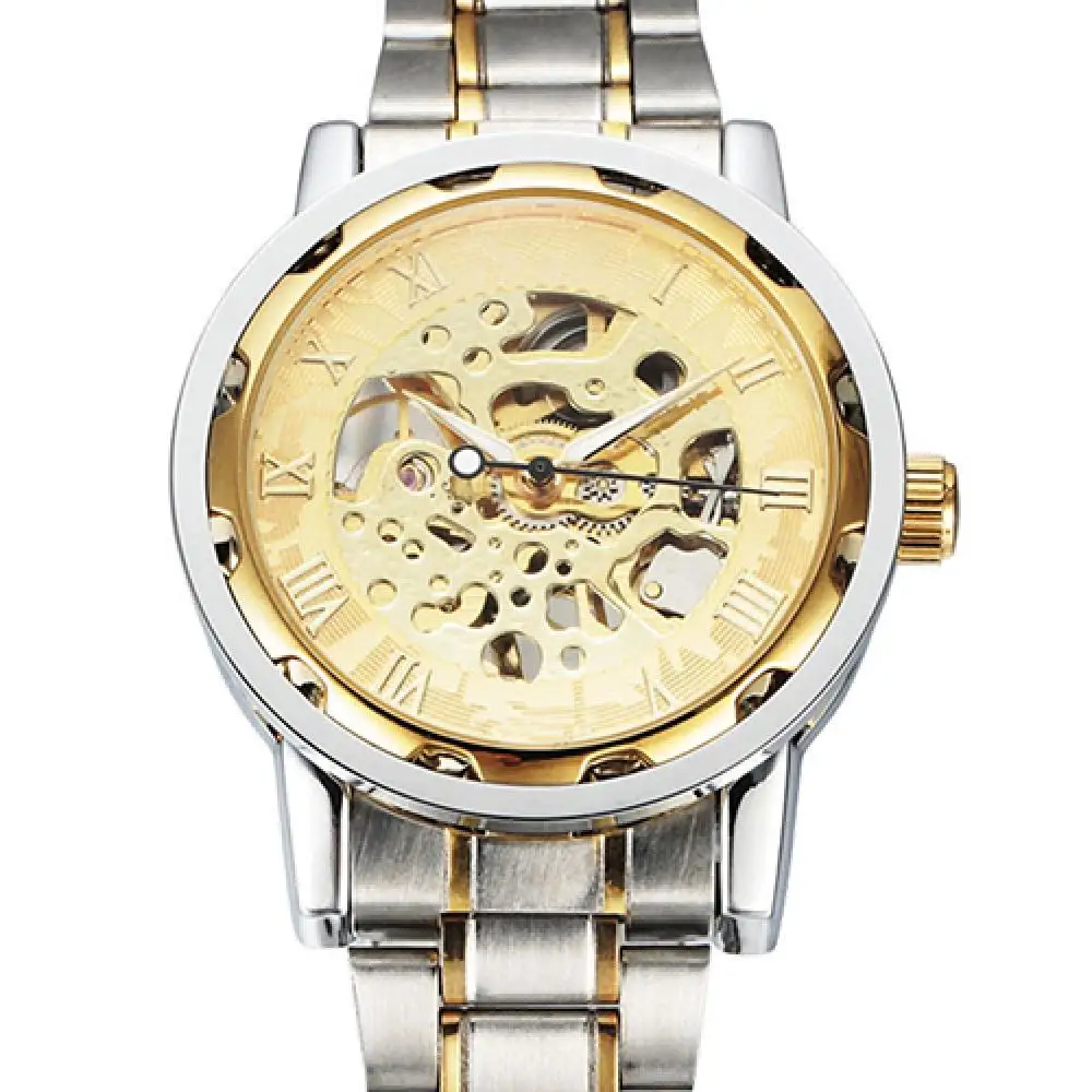 Hot Sale Men Skeleton Roman Numerals Hollow Dial Stainless Steel Band Mechanical Watch