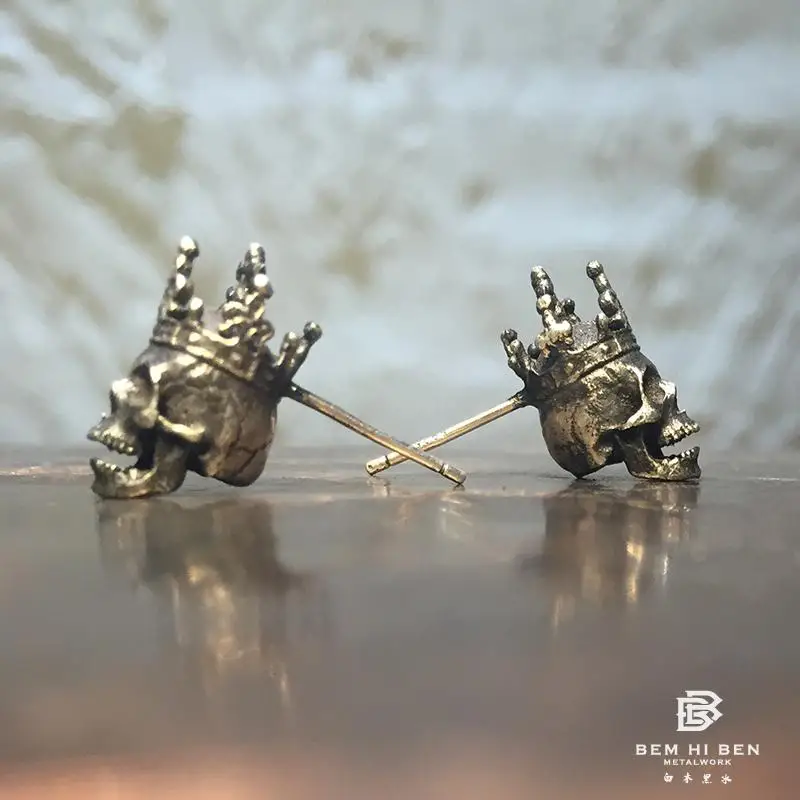 

BEM HI BEN Men's Women's Earrings the skull with crown 925 sterling silver simple Original Hand made darkness customized engrav