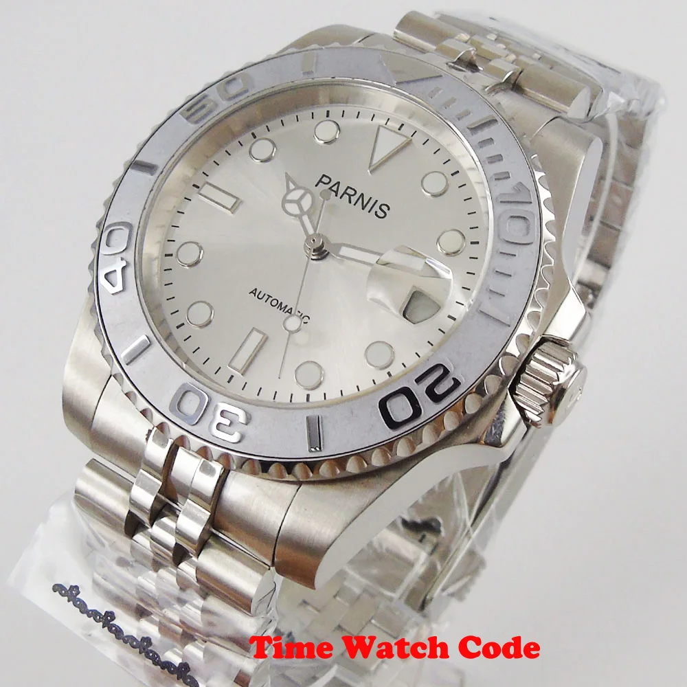 PARNIS 40mm Automatic Men's Wristwatch Silver Dial Sapphire Crystal solid bracelet Auto Date luminous hands magniifer