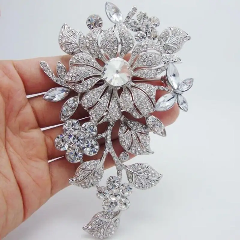 Fashion Exquisite Inlaid Rhinestone Zircon Silver Color Flower Brooch for Women Charm Temperament Evening Dress Pin Accessories