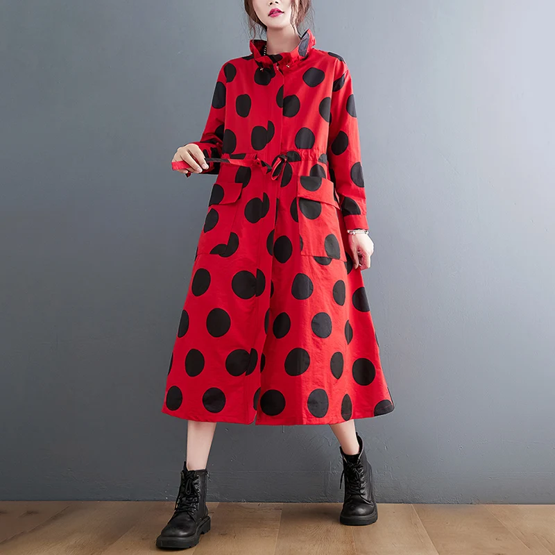 2026 Autumn Winter Oversized Polka Dot Long Trench Coat For Women Clothes Stand Collar Drawstring Fashion Casual Loose Outerwear