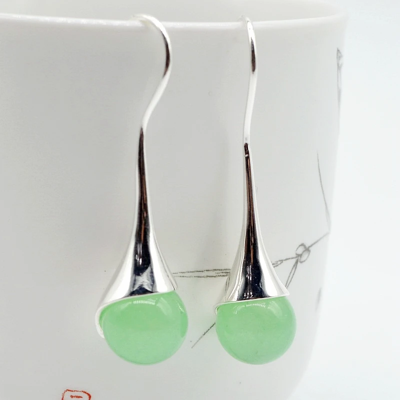 Women\'s Silver Earrings Green Jade Ball Pendant 925 Sterling Silver Jade Earrings Women\'s Long Earrings Mother Gifts