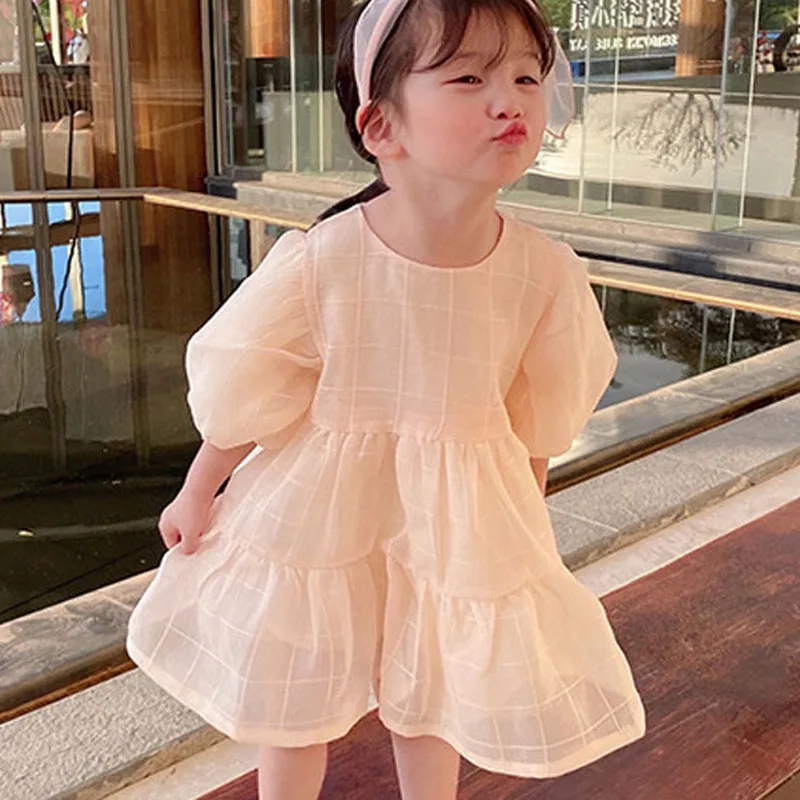 Summer Girls Dress Sweet New Style Plaid Light Color Puff Sleeve Princess Dress Baby Kids Clothes Children\'S Clothing