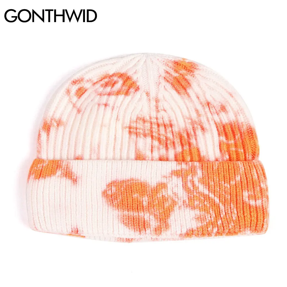 GONTHWID Knitted Tie Dye Beanies Hats Plain Cuff Beanie Knit Ski Cap Casual Skull Warm Solid Color Winter Blank Headwear Bonnets