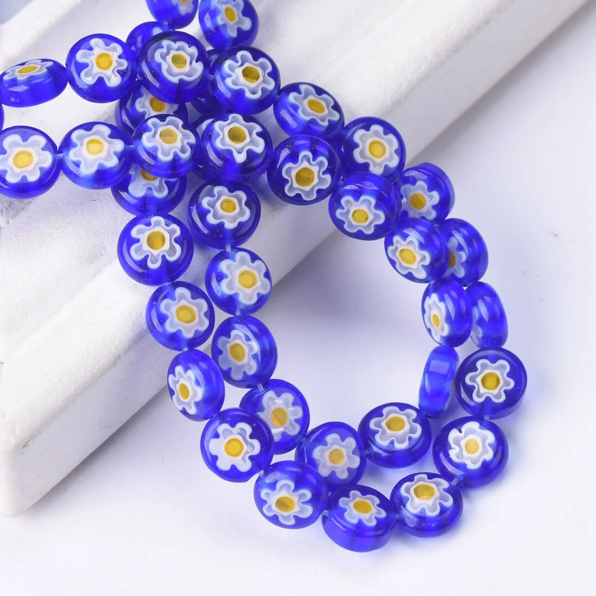 45pcs 8mm Flat Round Deep Blue & Yellow Flower Patterns Millefiori Glass Loose Crafts Beads lot for DIY Jewelry Making Findings