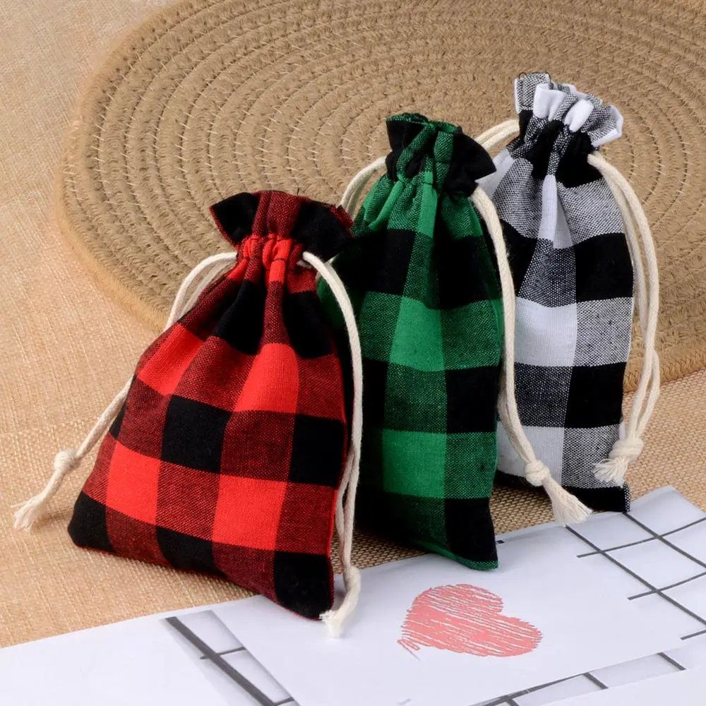 10pcs/lot 10x14cm Linen Cotton Bag 3 Colors Gridding Drawstring Pouch Cosmetic Wedding Candy Gift Jewelry Packaging Bags