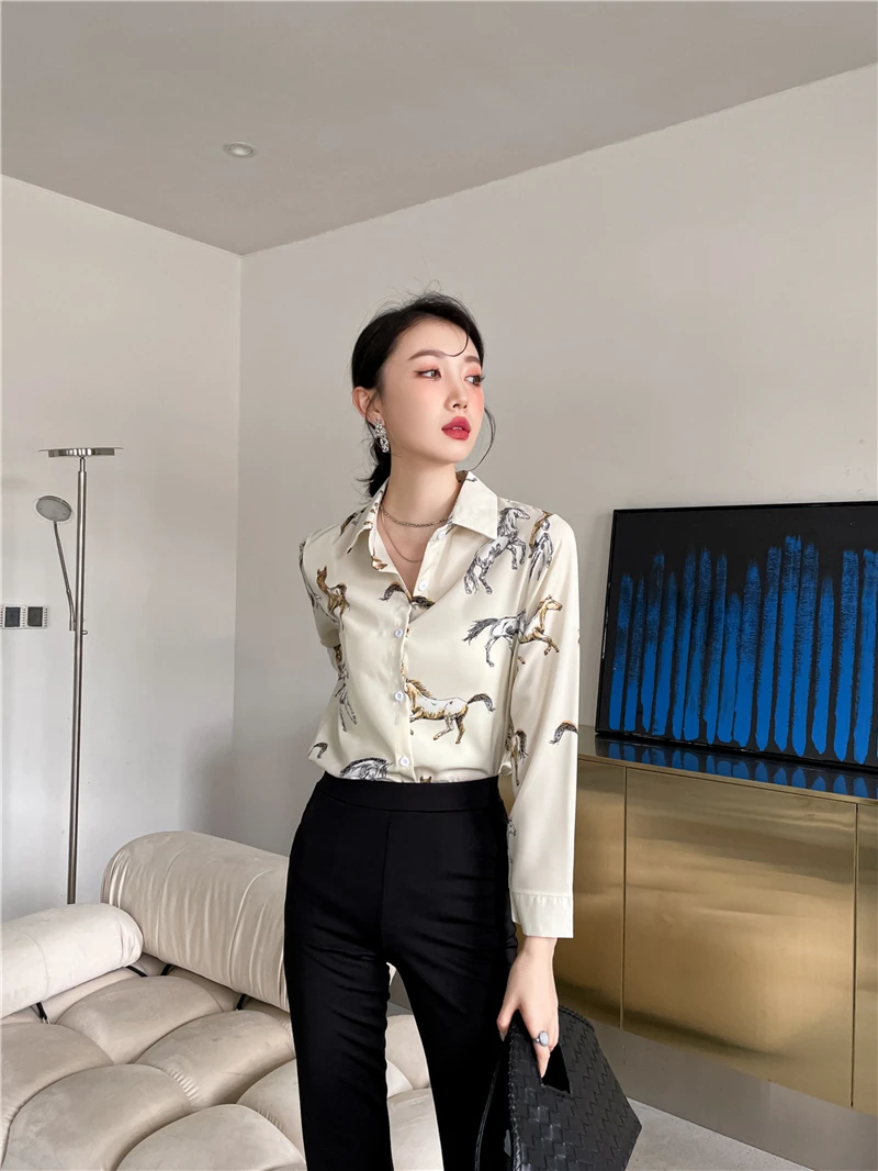 CHEERART Horse Print Chiffon Long Sleeve Top Button Up Shirt Beige Black Collared Shirt Blouse Fall 2021 Womens Fashion Clothing