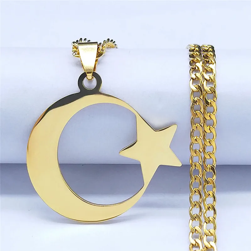 Muslimische Islamische Halbmond-Stern-Halskette aus Edelstahl für Frauen, Goldfarben Anhänger-Halskette, Amulett-Schmuck Geschenk – Detail 4