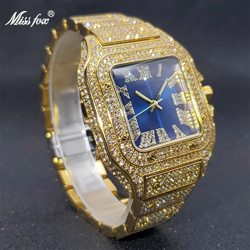 MISSFOX Gold Uhr Männer Mode Luxus Design Royal Blau Zifferblatt Paar Platz Uhren Hip Hop Hohe Qualität Uhren Dropshipping