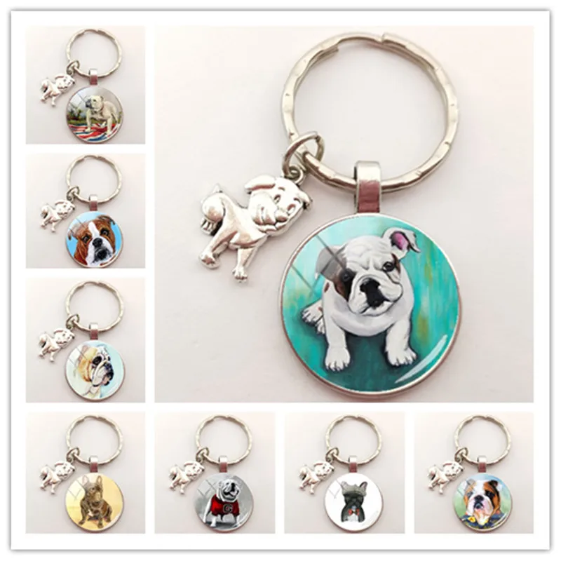 Fashion Bulldog Keychain English Bulldog Keychain Charm Round Handmade Craft Glass Dome Keychain Ladies Bag Keyring