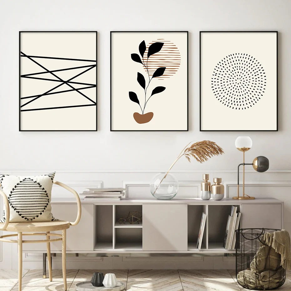 Abstract Line Leaves Circle Beige Bohemia Poster Canvas Painting Wall Art Print Picture Living Room Modern Interior Home Decor