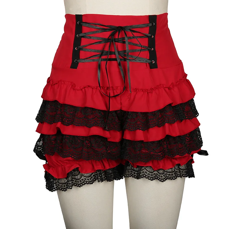 Girl Fashion Cute Black Gothic Steampunk Lolita Ruffle Lace Pumpkin Bloomers Cotton High Waist Shorts Cosplay Little Devil, Fema