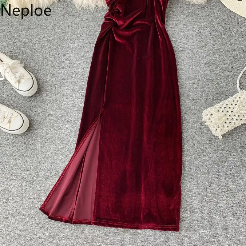 Neploe Autumn Winter Women Dresses Retro Velet Spaghetti Strap Sweet Camis Split Vestido V-Neck Sleeveless Vintage Elastic Robe