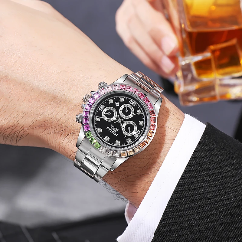 2021 New Arrival Men Quartz Watches Women Wristwatch Stainless Steel Calendar Colorful Rhinestone Relogio Feminino Masculino Hot