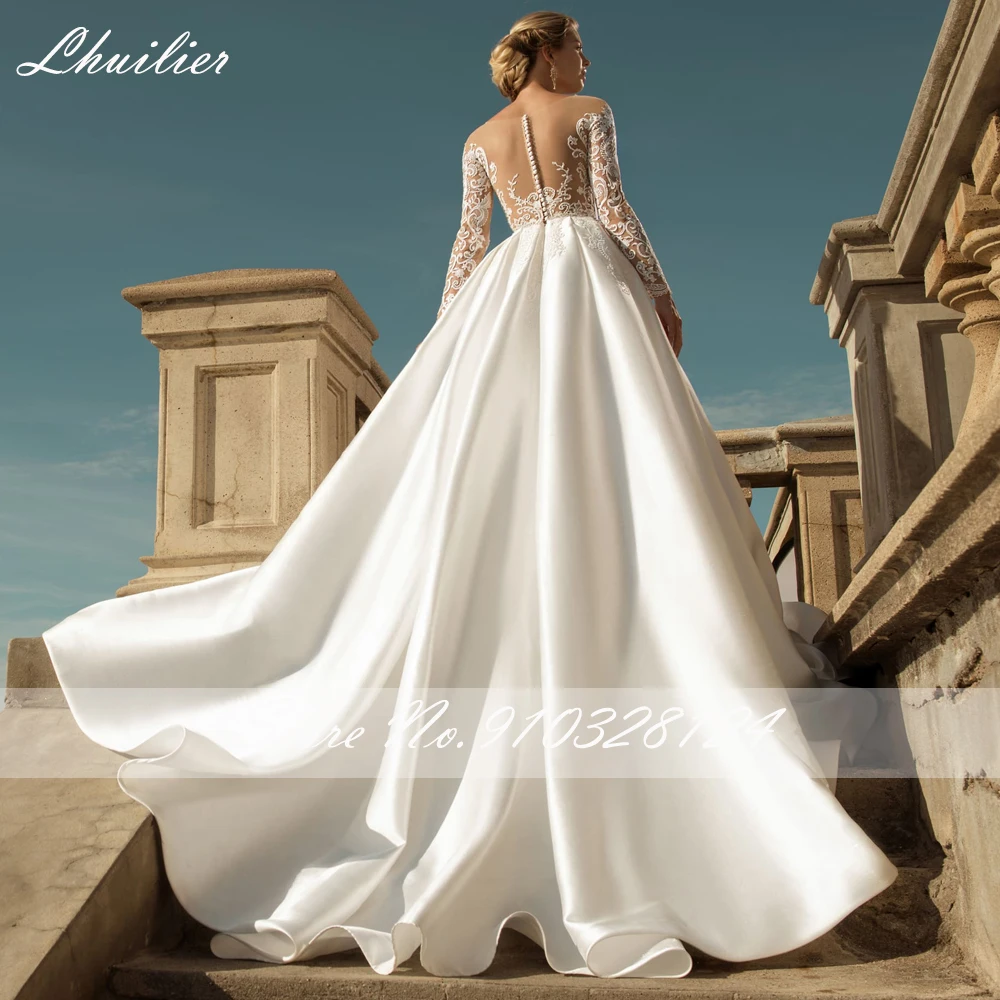 Lhuilier Customized Women's A Line Satin Wedding Dresses Floor Length Full Sleeves Lace Appliques Bridal Gowns with Chapel Train