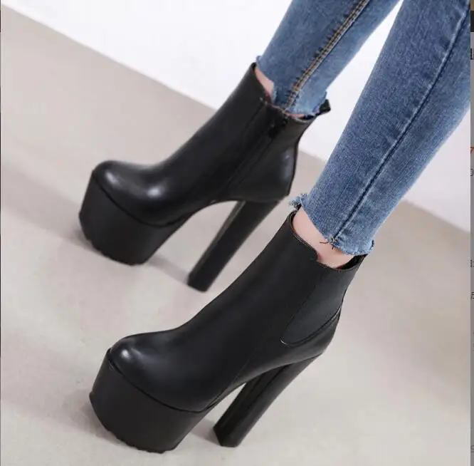 Fashion  New All-match Elegant High Heel Women\'s Boot Winter Women Black Ankle Boots Platform Genuine Leather Heels Women Shoes