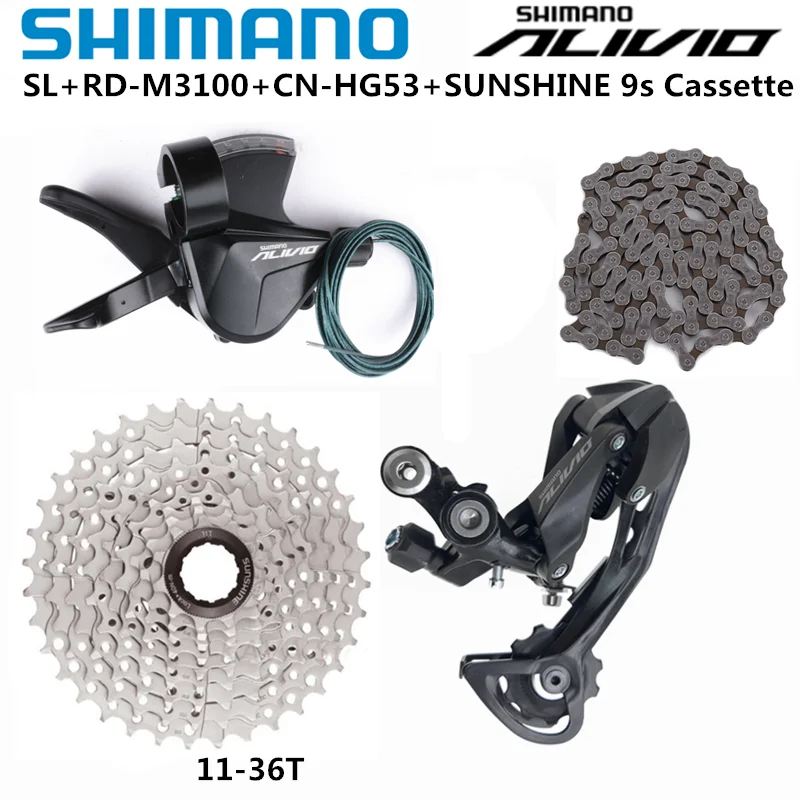 Shimano Alivio M3100 9s Groupset Shifter Lever Long Cage RD-SGS CS-HG400 11-34T HG53 Chain Sunshine 11-36T Cassette For MTB