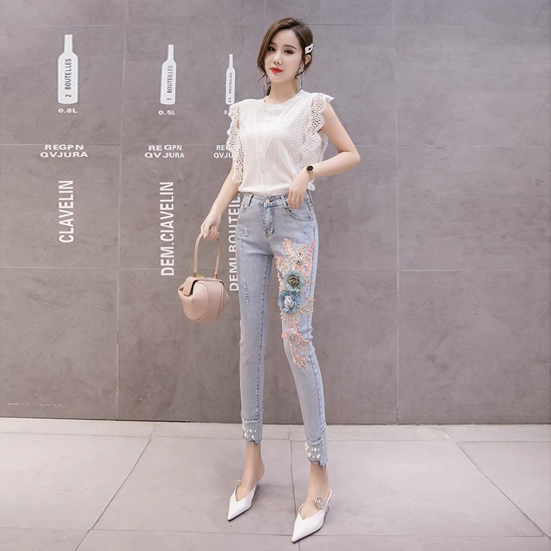 Women Skinny Pencil Pants 2022 Summer 3D Flower Embroidery Pearl Beading High Waist Elastic Denim Jeans Long Trousers Light Blue