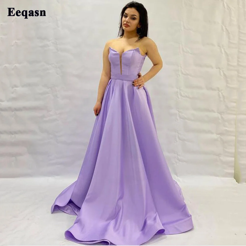 Eeqasn Lilac Satin Evening Party Dresses Long Scalloped Neckline Prom Gowns With High Slit Women Formal Special Occasion Dress