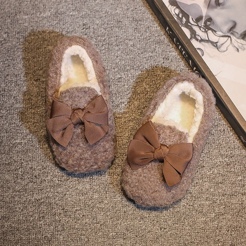 2021 Winter Cute Kids Comfortable Baby Warm Bowknot Shoes Girls House Indoor Plush Slippers 3-6years