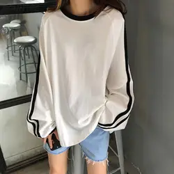 Long Lantern Sleeve T-shirts Women Breathe Spring Korean Style Patchwork Mujer All-match Casual Tops College Simple Daily Tees