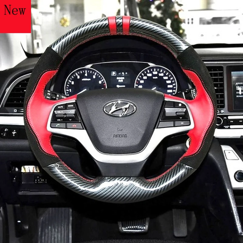 

Customized DIY Hand-Stitched Leather Carbon Fibre Car Steering Wheel Cover for Hyundai LA FESTA Elantra Car Accessories