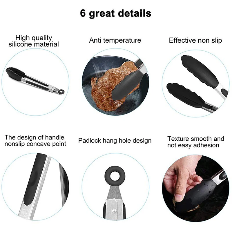 7/9/12 Zoll Silikon-Grillzange für die Küche, Edelstahl, verriegelbare Kochzange mit Silikonspitzen, rutschfeste Lebensmittelzange zum Kochen – Detail 6
