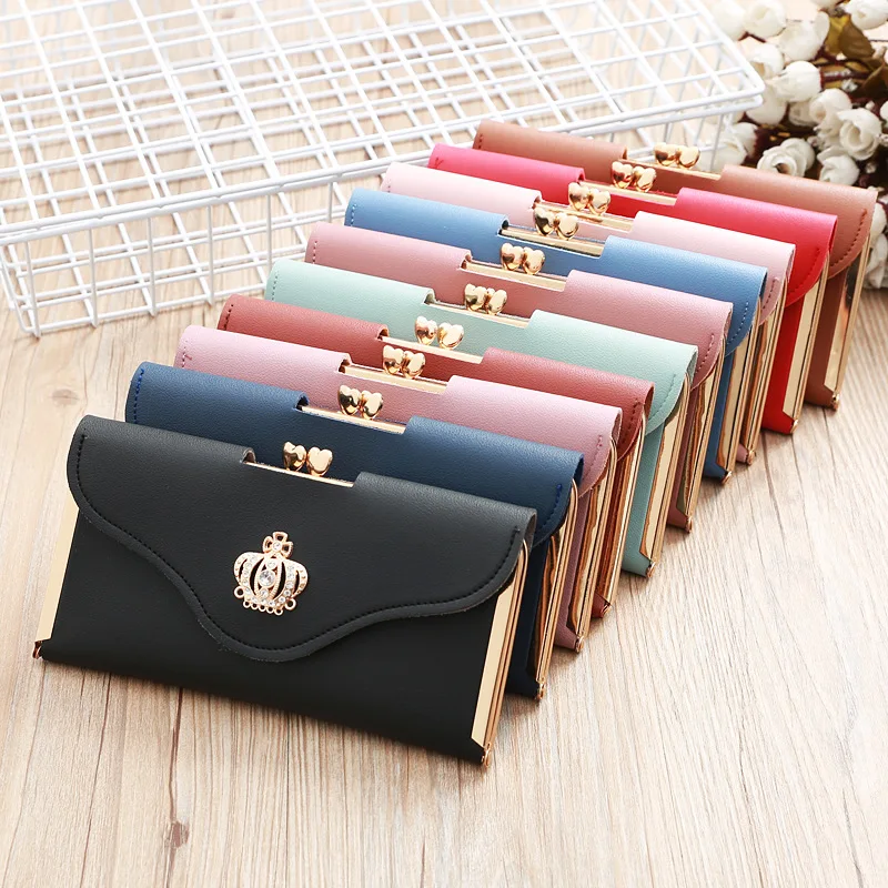 Fashion Women's Long Wallet PU Leather Crystal Diamond Crown Coin Purse Flip Hasp Female Retro Clutch Photo Credit Card Holder