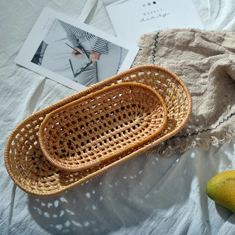 S/L Wicker Rattan Storage Tray Hand-Woven Tea Dessert Plate Round Food Fruit Bread Breakfast Serving Tray for Home Dinner Party