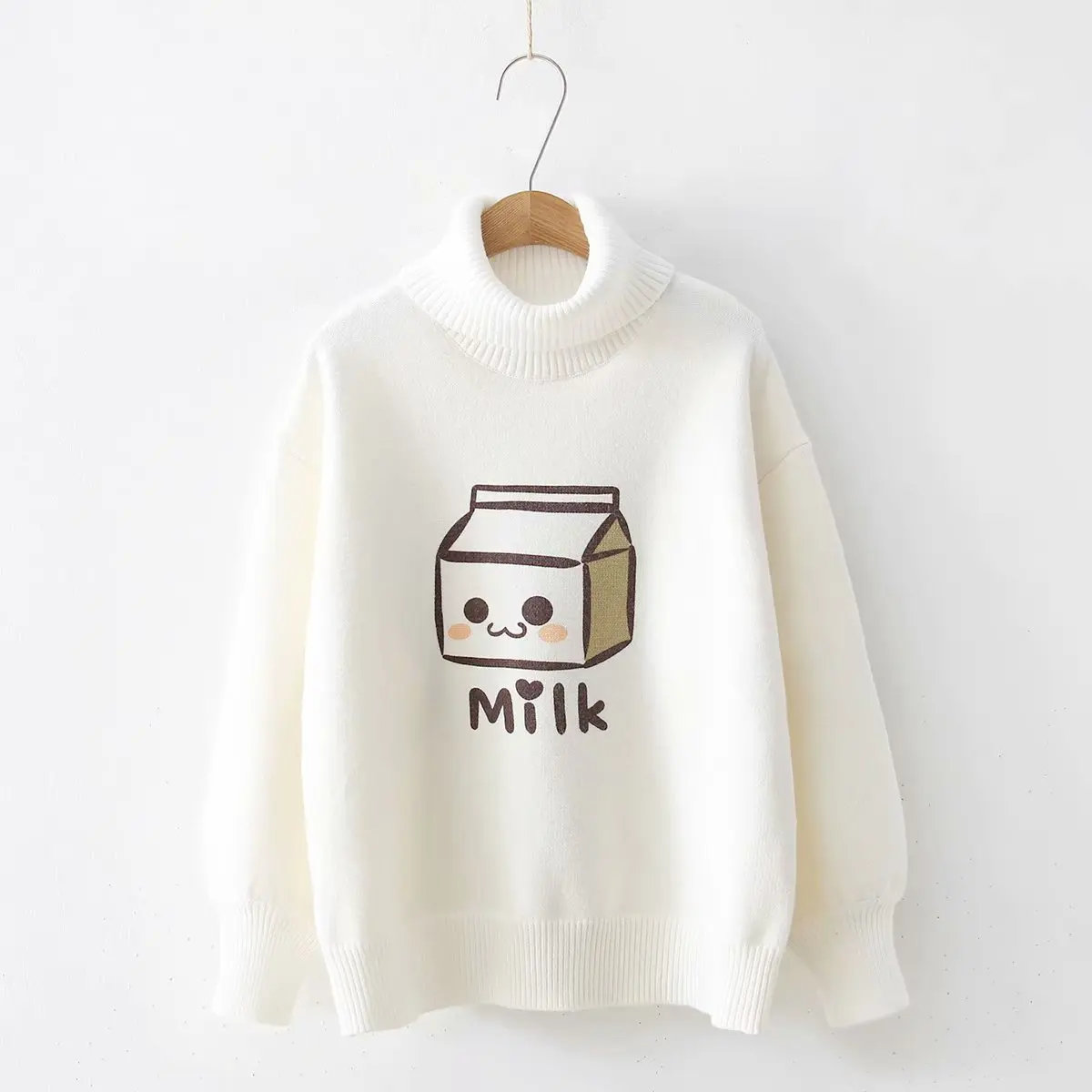 

Japanese White Pullover Women Autumn Winter Turtleneck Milk Box Knitted Sweater Girl Student Long Sleeve Sweet Top Clothes H9443