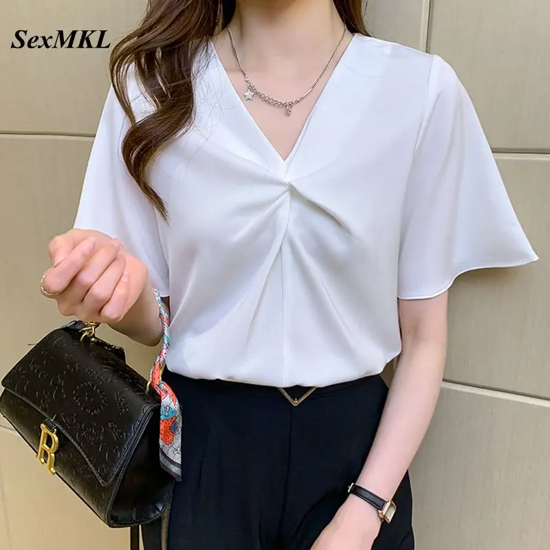 

Summer V Neck Chiffon Blouses Women 2022 Korean Fashion Clothing Elegant Office Ladies Tops Sexy Shirts French Blusas Mujer XXL