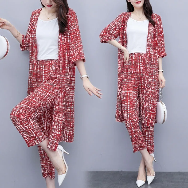 2024 Summer New \\Women Korean Fashion 3 Pcs Set White Base Top /cardigan Shirt + Nine-point Pants Three-piece Suits M-4XL Y668