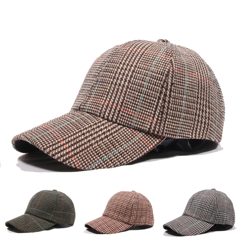 Damska czapka z daszkiem dla mężczyzn kapelusz bawełna akcesoria damskie Houndstooth krata wełniana męska czapka Snapback BQM347