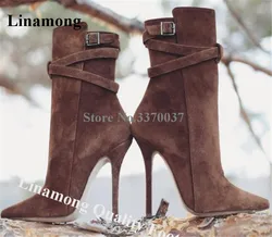 Linamong Quality Pointed Toe Suede Stiletto Heel Short Boots Brown Ankle Straps Buckles High Heel Ankle Booties Party Dress Heel