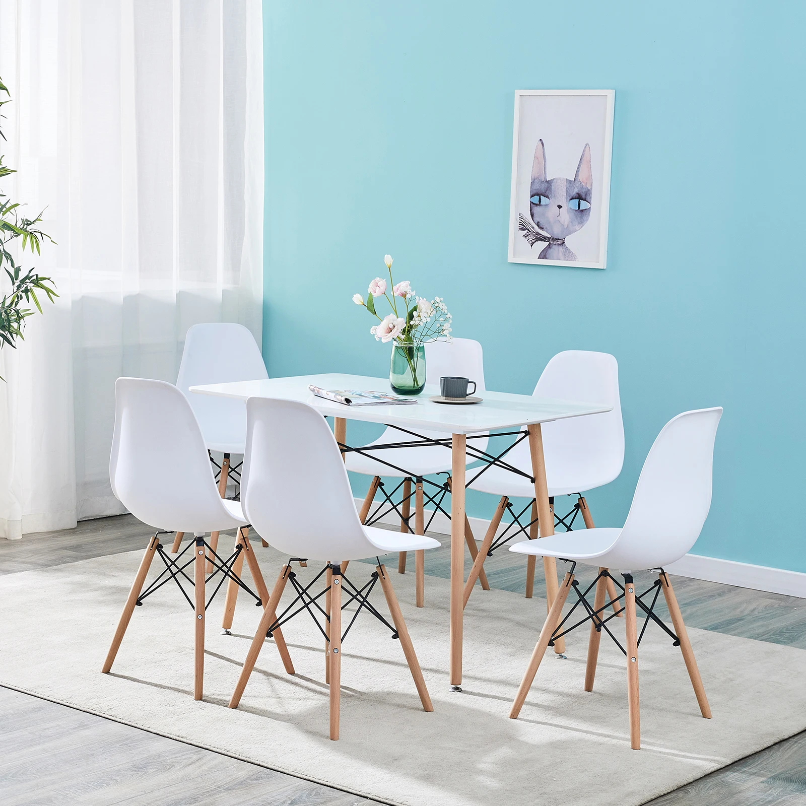 6Pcs/Set Dining Chair Nordic Style Office Chair Plastic Kitchen Chairs Wooden Feet Dining Room Living Room Chairs (White/Black)