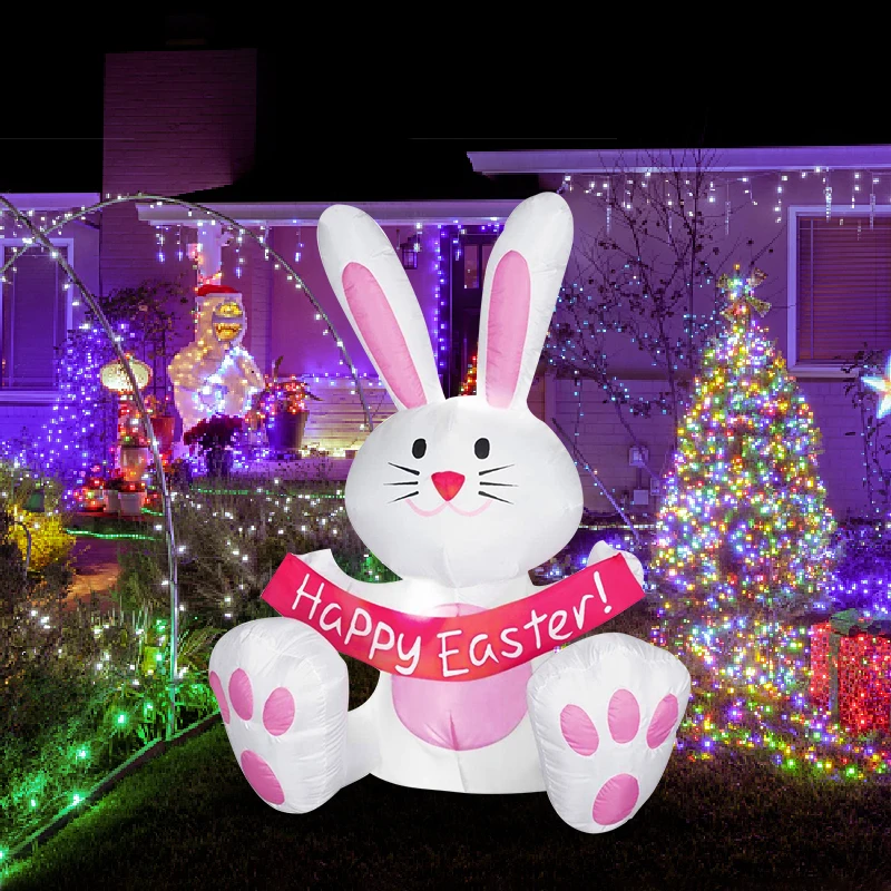 5 ft Easter Inflatable Happy Easter Bunny Air blown Inflatable LED Light Happy Easter Banner Inflatable Yard Outdoor Decoration