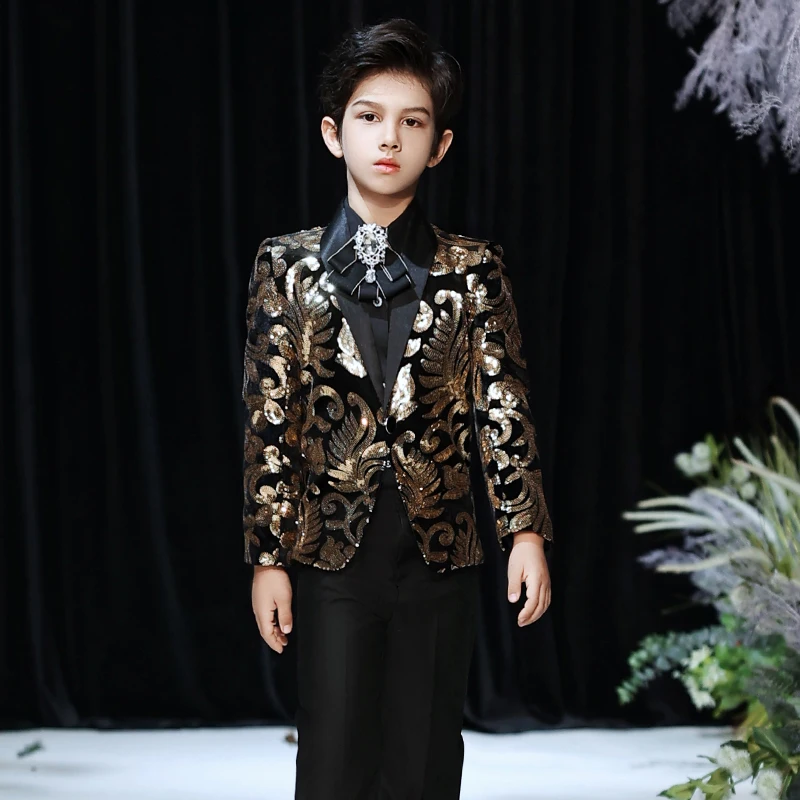 Shiny Sequins Formal Flower Boys Wedding Suit Children Evening Dress Host Party Piano Performance Pageant Dresses Teen Clothing