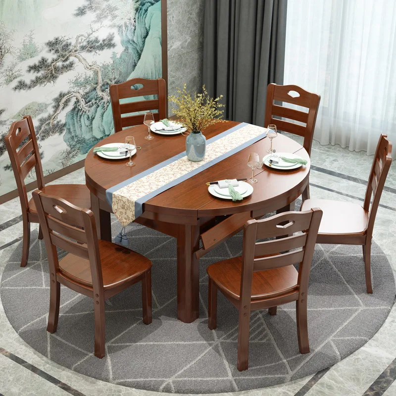 Solid wood dining table chair combination retractable dining table 8 round table folding dining table