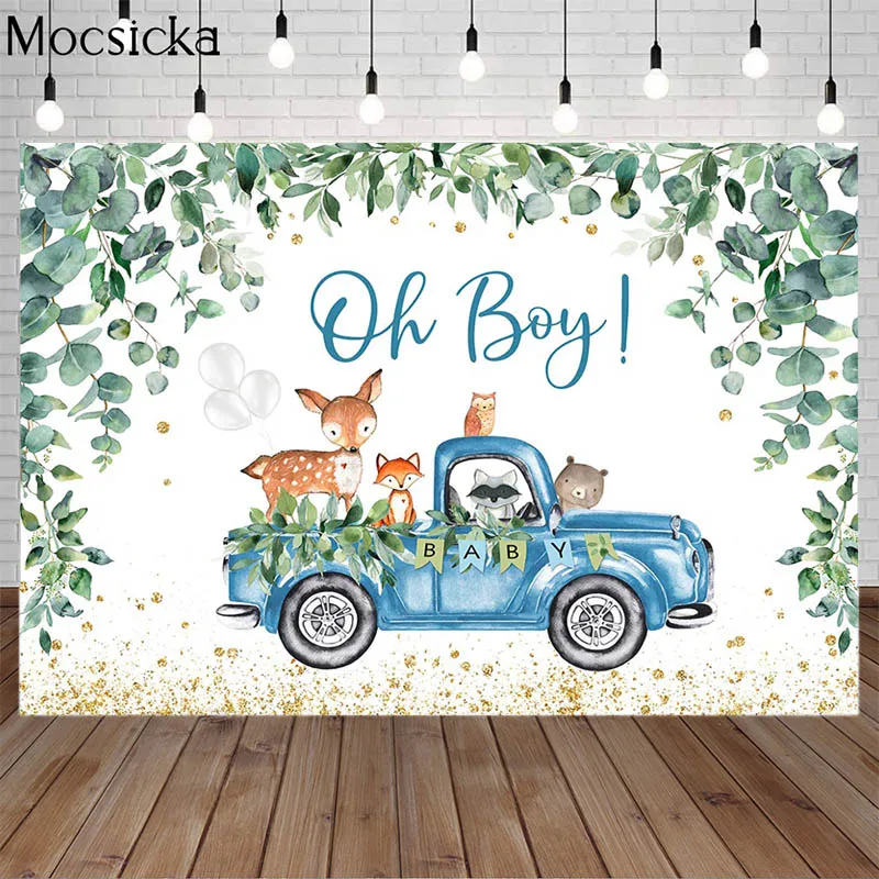 

Oh Boy Backdrops Green Leaf Car Wild Animals Cake Table Decor Banner Newborn Birthday Party Baby Shower Photocall Background