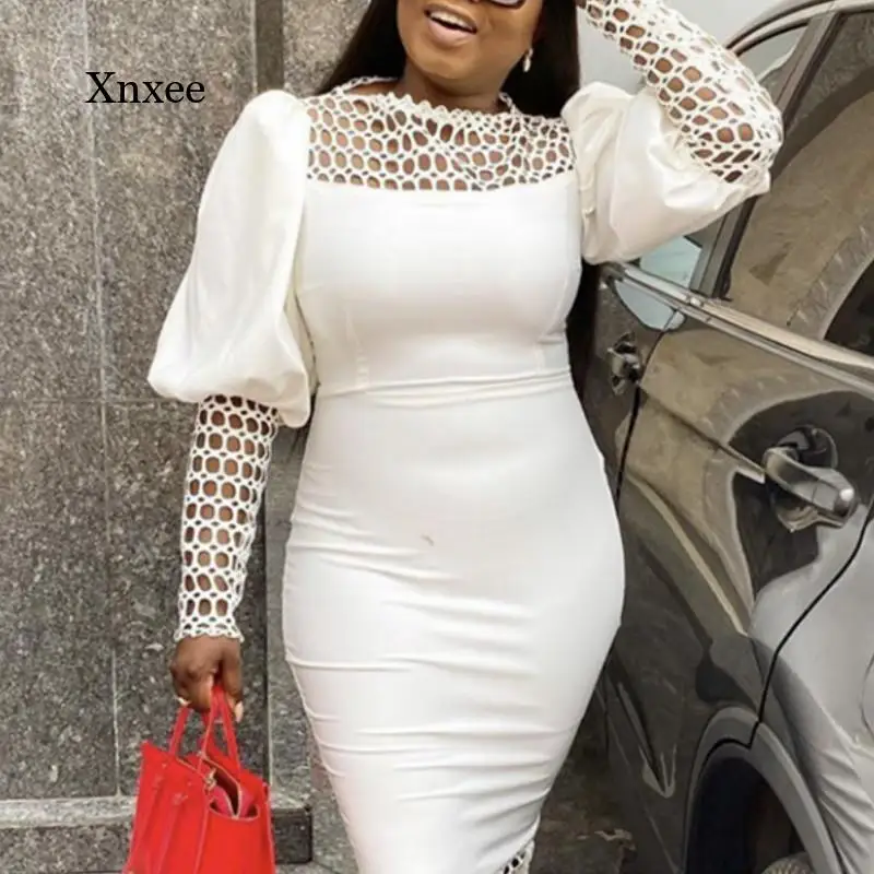 Mesh Hollow Out Bodycon Women White Dress Patchwork Long Lantern Sleeves Elegant Classy Ladies Vestidos African Fashion Robe