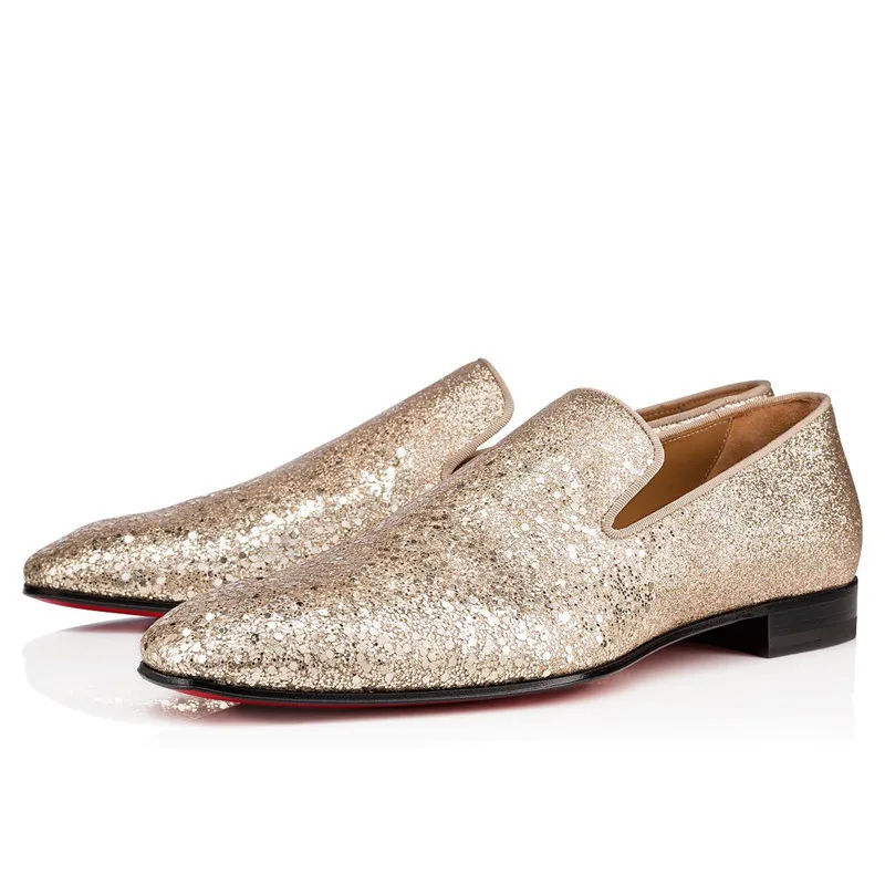 Bling Gold Glitter Leather Dress shoes Men British Style Square Toe Men Loafers Slip On Banquet and Wedding Dress Shoes