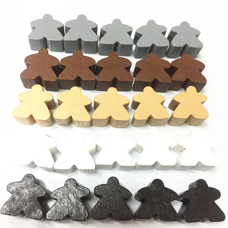 25PCS Wooden Humanoid Meeples Pawn Chess Pieces 5 Colors Standard Size 16mm For Meeple Carcassonne Board Game Accessories