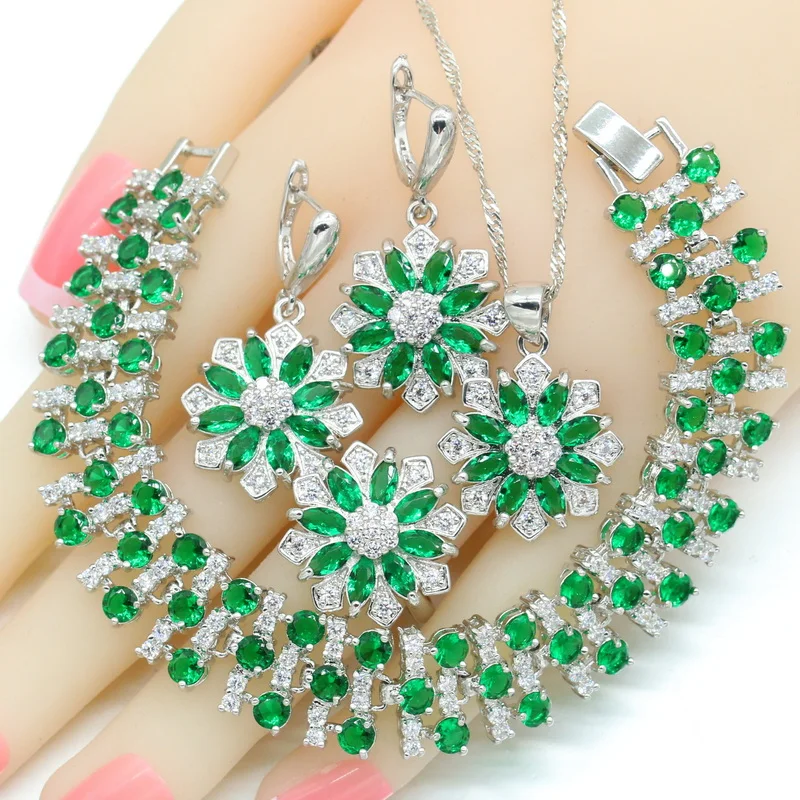 2022 Popular Green Semi-precious Silver Color Bridal Jewelry Sets For Women Necklace Pendant Bracelets Earrings Rings Gift Box