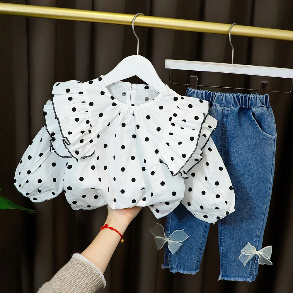 Cute Clothes for Kid Baby Girl Outfit Set Fashion Dot Lace Collar + Long Denim Bows Trousers Children Clothing 1 2 3 4 Years