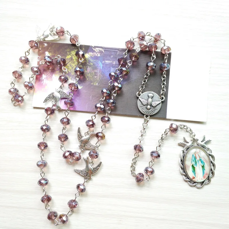 QIGO Purple Crystal Rosary Metal Birds Long Virgin Pendant Necklace Religious Jewelry For Women