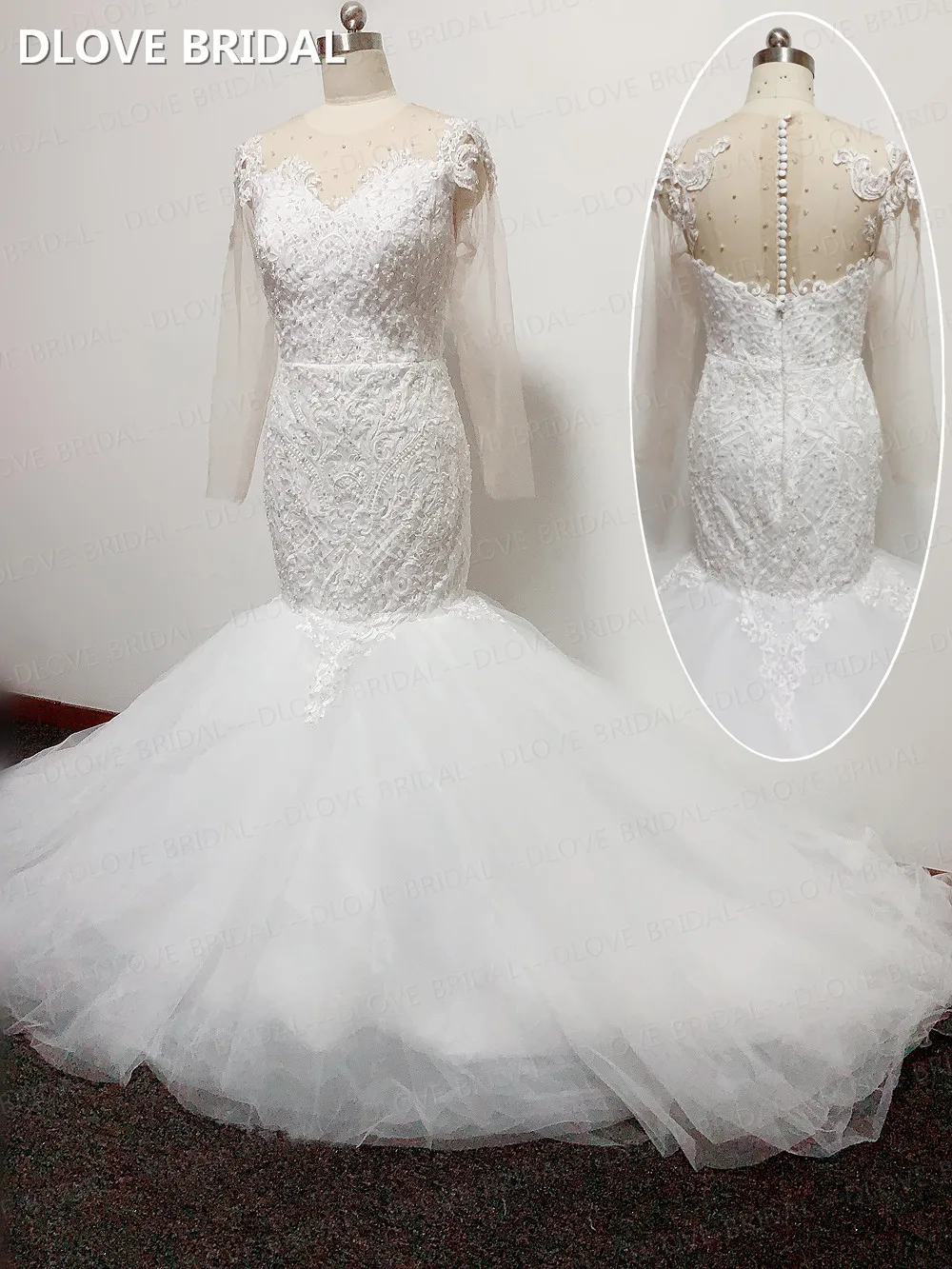 Vestido de novia de sirena de encaje de alta calidad, manga larga de ilusión, con cuentas de perlas, vestidos de novia hechos a medida de fábrica